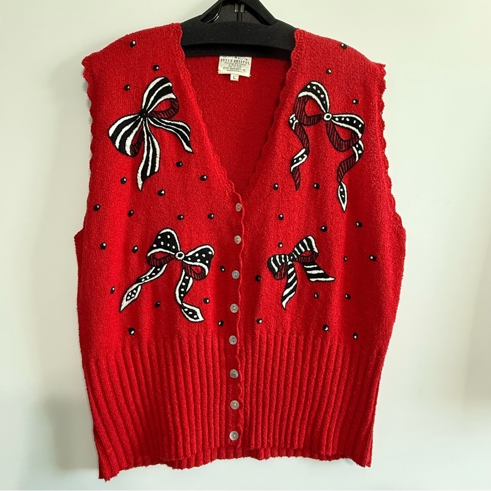 Susan Bristol Red Vintage Y2K 90s V-Neck Cardigan Vest Knit Embroidered Size L